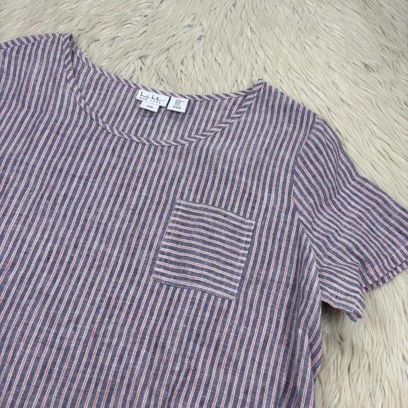 Nicole Miller Women's XL Blue Red White Striped Linen Pocket Tee Top Coastal 4th - Picture 2 of 5